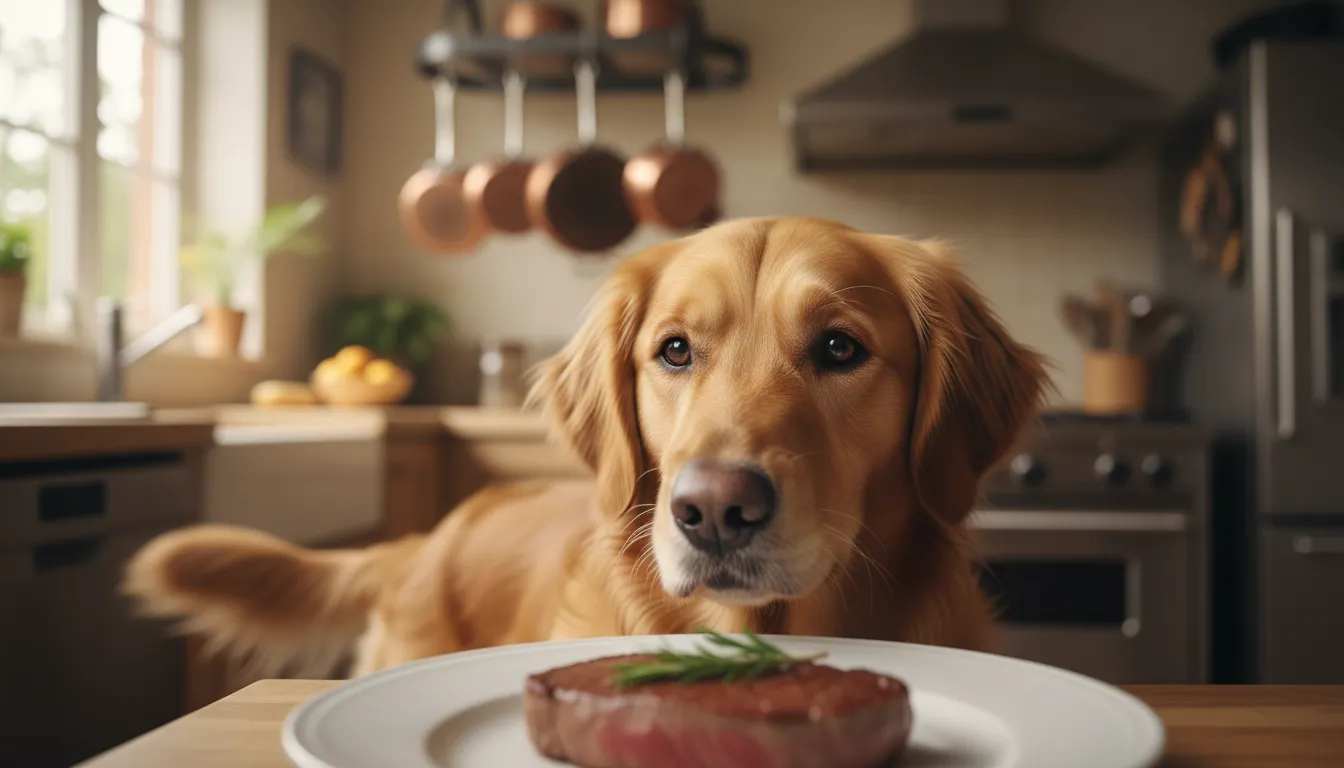 Cachorro da raça golden retriever olhando curiosamente para um pedaço de carne magra em um prato, com um fundo desfocado de cozinha.