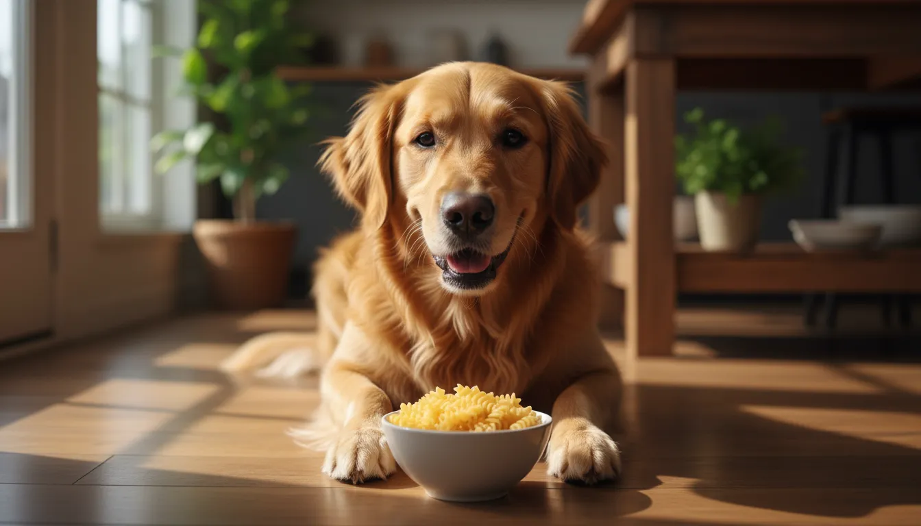 Cachorro golden retriever feliz olhando para um prato de macarrão, com um olhar curioso e pidão.