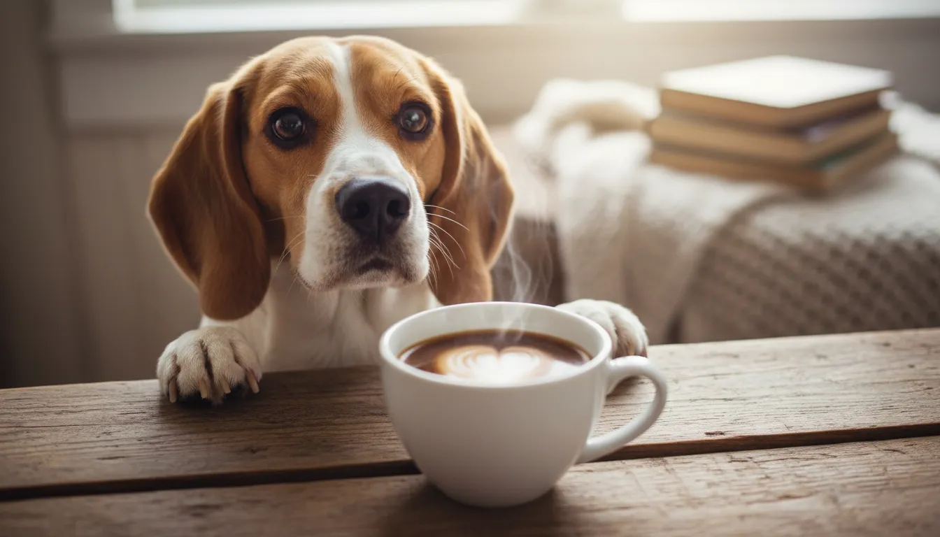 Um cachorro beagle olhando para uma xícara de café em uma mesa, com uma expressão curiosa. O cachorro não está bebendo o café.