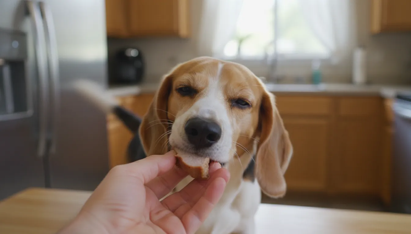 Cachorro beagle comendo um pedaço de carne de porco cozida e magra, sob supervisão atenta de um tutor.