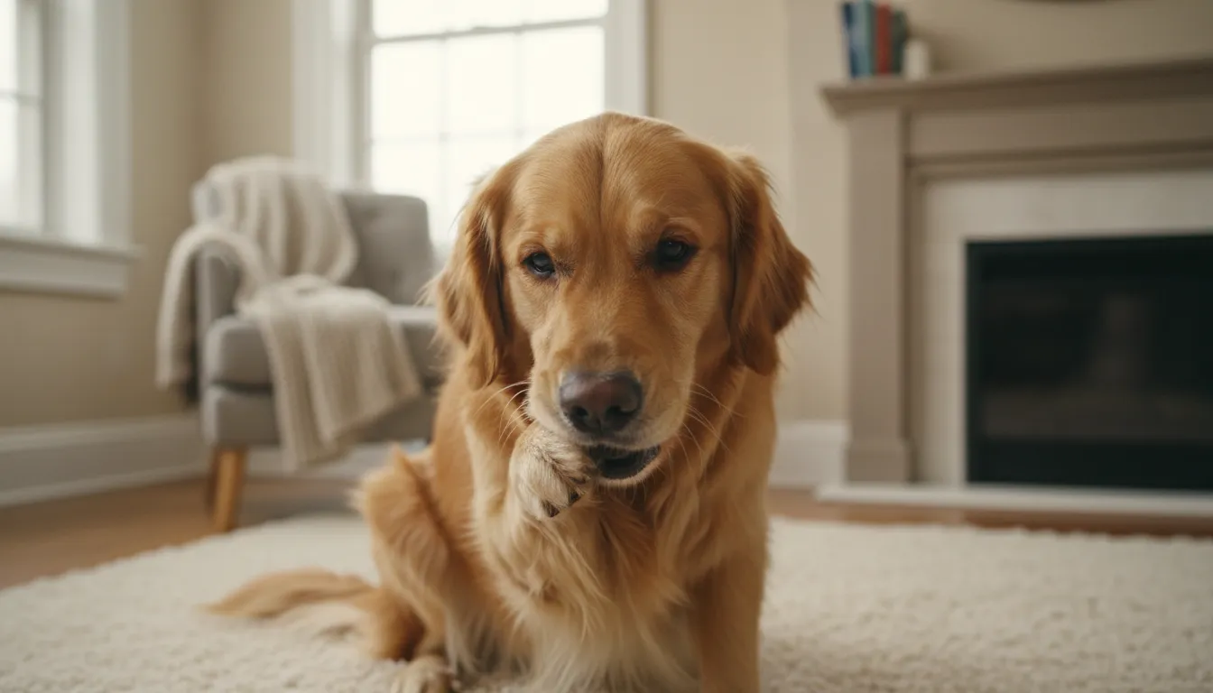 Cachorro da raça golden retriever se coçando e se mordendo a pata, com expressão de desconforto em um ambiente doméstico.
