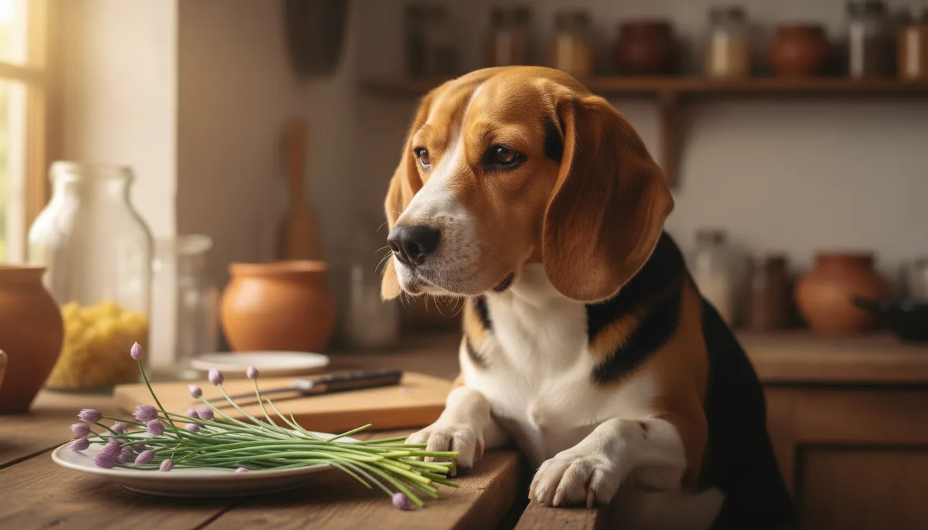 Um cachorro beagle olhando curiosamente para um maço de cebolinha fresca em uma bancada de cozinha, com uma expressão atenta e sem tocar no vegetal tóxico.