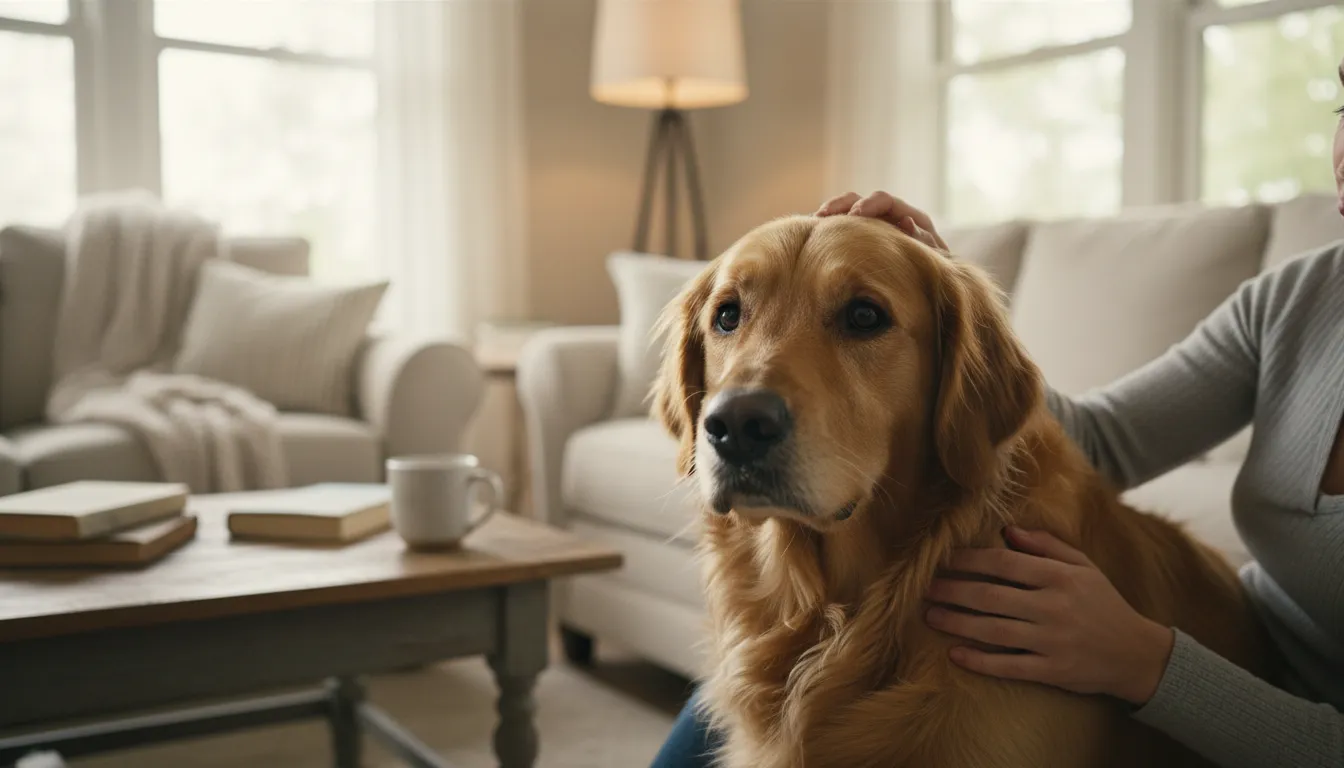 Cachorro da raça golden retriever com expressão preocupada, ao lado de um tutor que o conforta, simbolizando um cachorro intoxicado.