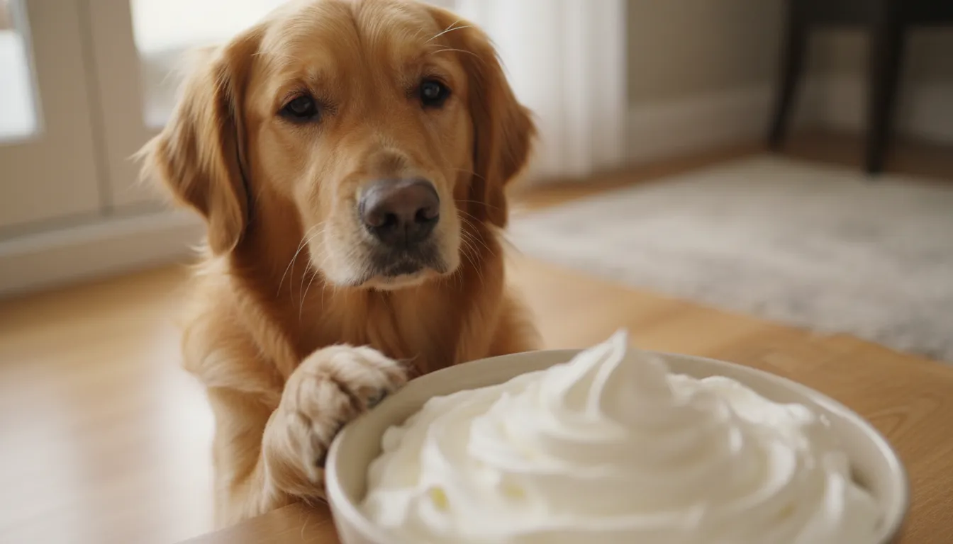 Cachorro golden retriever com uma expressão de curiosidade, olhando para um pote de chantilly, com a pata levantada como se quisesse alcançar.