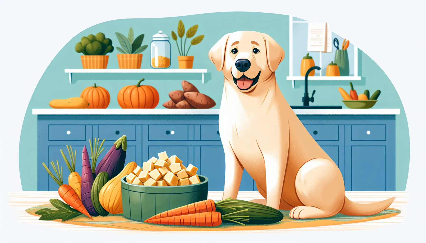 Ilustração de um cachorro feliz sentado ao lado de uma tigela de mandioca cozida e sem tempero. O fundo mostra um cenário de cozinha com vegetais frescos como cenouras, batata-doce e abóbora arrumados ao redor, simbolizando opções de alimentos seguros para cães. O cachorro parece saudável e contente, enfatizando a importância de uma dieta equilibrada e da preparação segura dos alimentos.