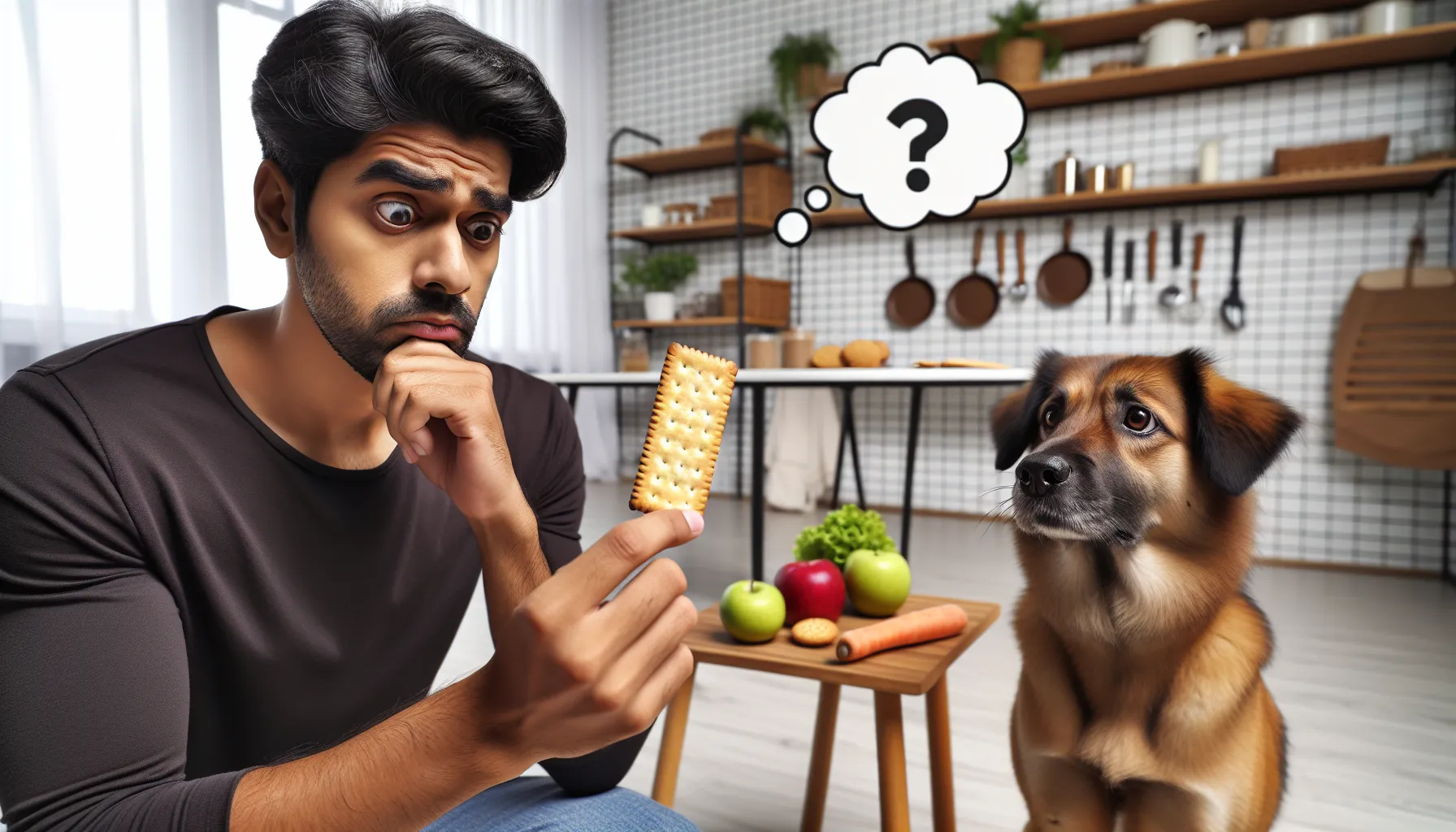 Dono preocupado segurando uma bolacha de água e sal enquanto olha para seu cachorro, que está sentado e olhando curiosamente para a bolacha. Ao fundo, há uma cozinha com uma mesa exibindo alternativas saudáveis, como maçãs, cenouras e petiscos especiais para cães. Acima da cabeça do dono, há um balão de pensamento com um ponto de interrogação, representando sua dúvida sobre alimentar o cachorro com a bolacha.