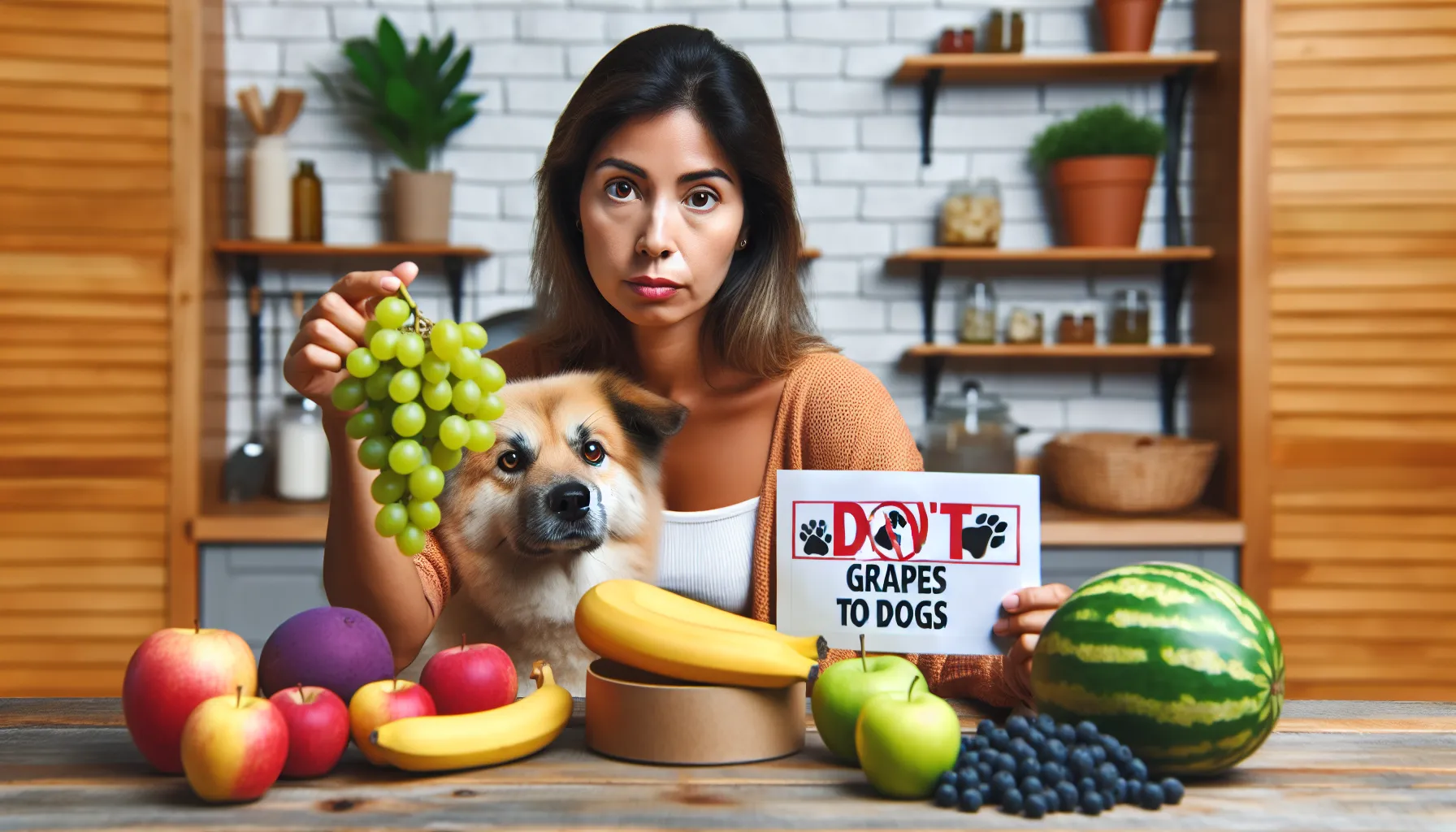 Proprietário de cachorro preocupado segurando um cacho de uvas longe de seu cão curioso. O fundo mostra um ambiente de casa aconchegante com algumas frutas seguras para cães sobre a mesa, como maçãs, bananas, mirtilos e melancia. Inclui uma placa de aviso que diz 'Não dê uvas para cães' para enfatizar a natureza tóxica das uvas para o consumo canino.