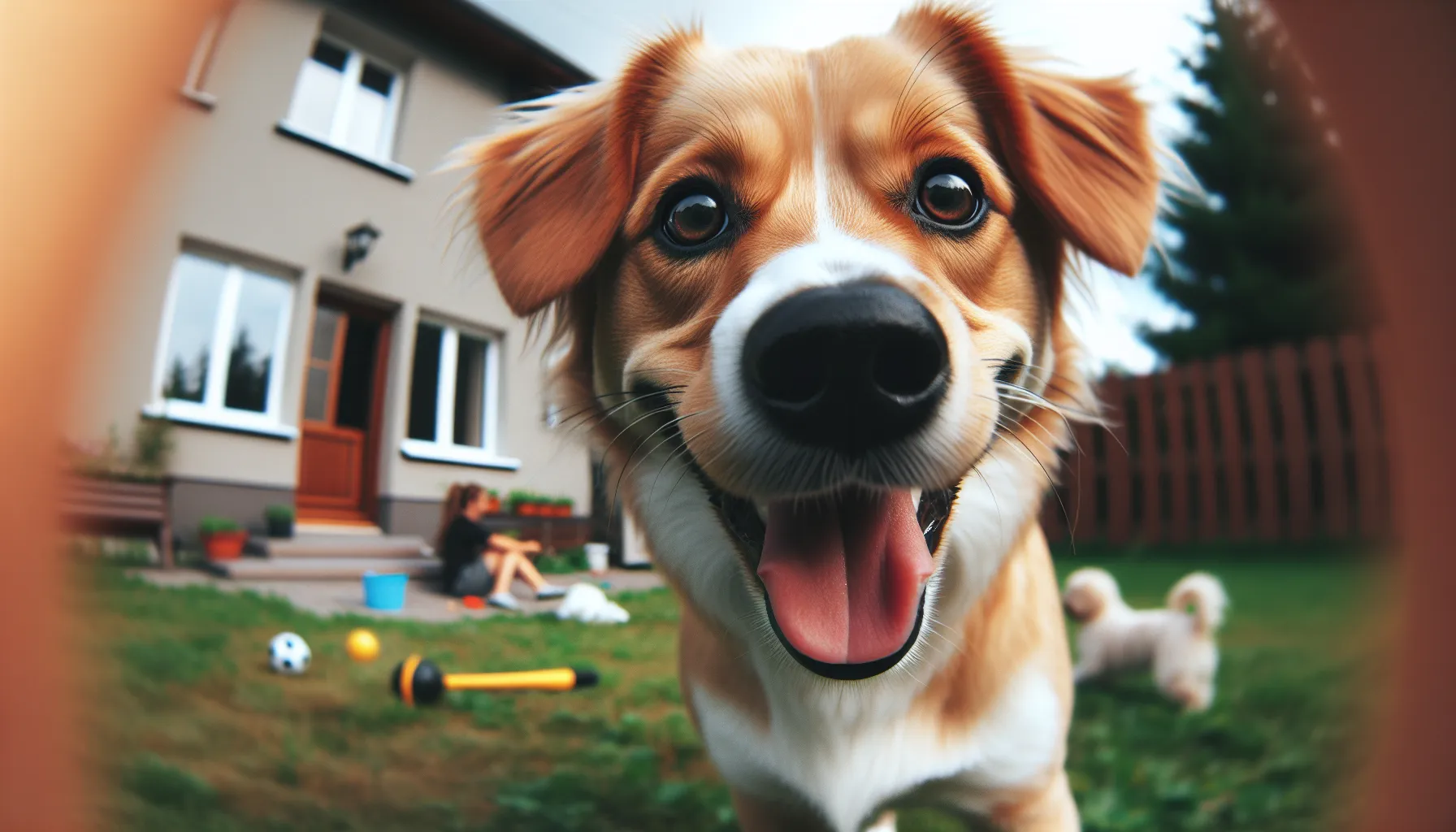 Dog in a backyard playing with another dog and smiling to a camera.